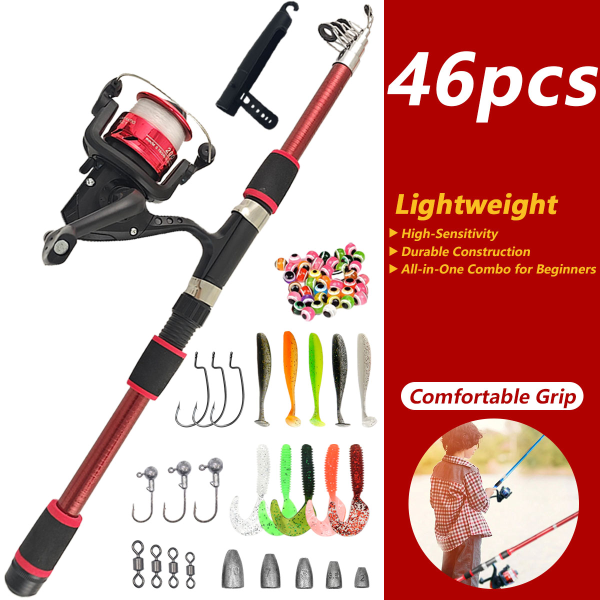 طقم صيد تلسكوبي 46 قطعة، مجموع - مراجعة Fishing Equipment For Kids وسعره